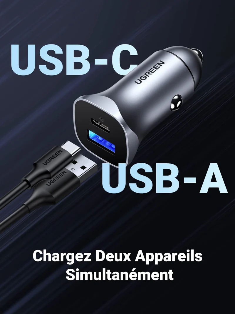 UGREEN Chargeur Allume Cigare USB C PD QC 3.0 Rapide Chargeur Voiture USB C
