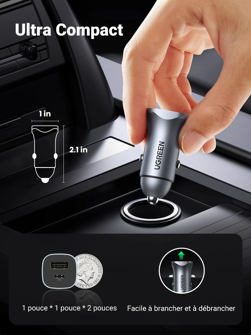 UGREEN Chargeur Allume Cigare USB C PD QC 3.0 Rapide Chargeur Voiture USB C