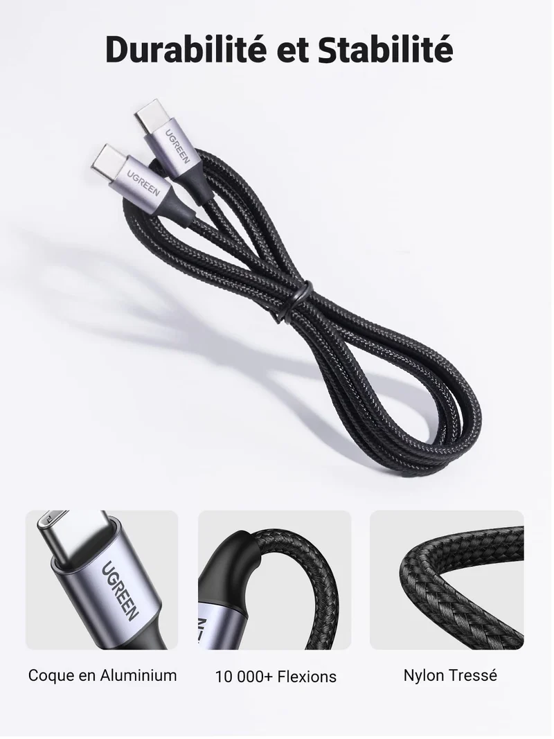 UGREEN Câble USB C vers USB C PD Charge Rapide 60W Câble USB Type C Nylon Tressé