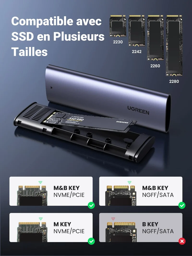 UGREEN Boîtier SSD M.2 NVME SATA USB 3.2 Gen 2 10Gbps 2To Adaptateur M.2 NVME