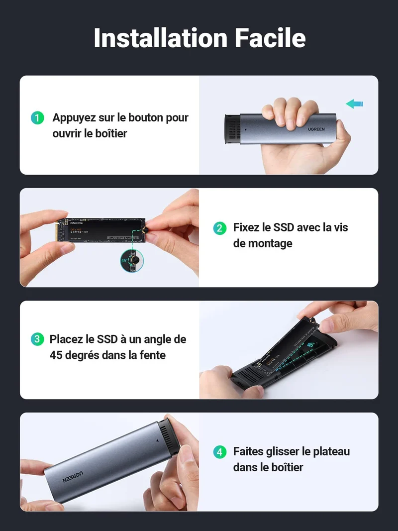 UGREEN Boîtier SSD M.2 NVME SATA USB 3.2 Gen 2 10Gbps 2To Adaptateur M.2 NVME
