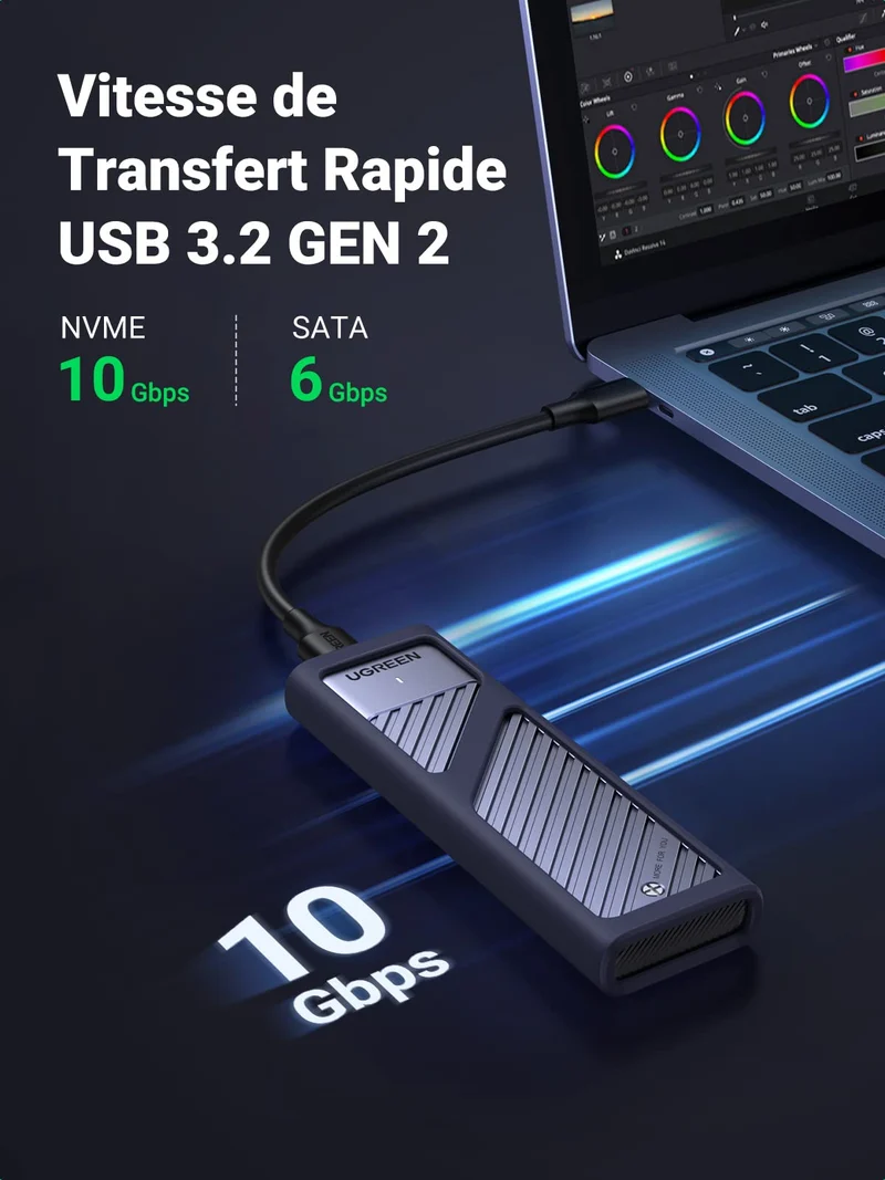 UGREEN Boîtier M.2 SSD NVME NGFF SATA en Aluminium USB 3.2 Gen 2 10 Gbps pour Disque