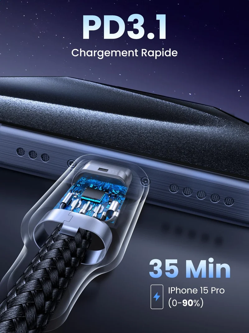 UGREEN Câble 240W USB C vers USB C PD 3.1 USB C Charge Ultra Rapide Nylon Tressé (2M)