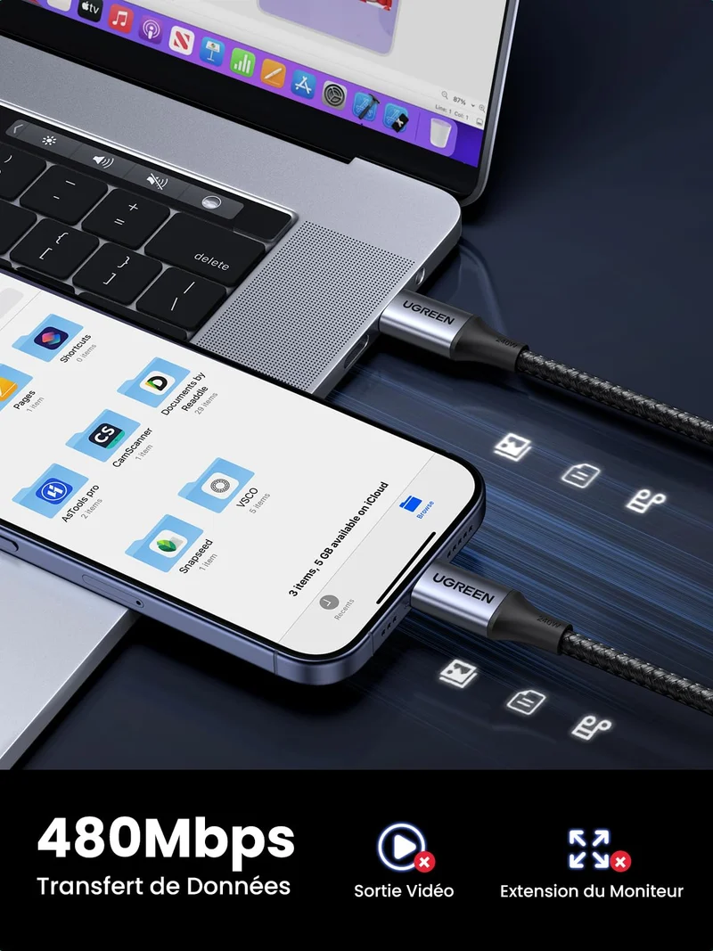 UGREEN Câble 240W USB C vers USB C PD 3.1 USB C Charge Ultra Rapide Nylon Tressé (2M)