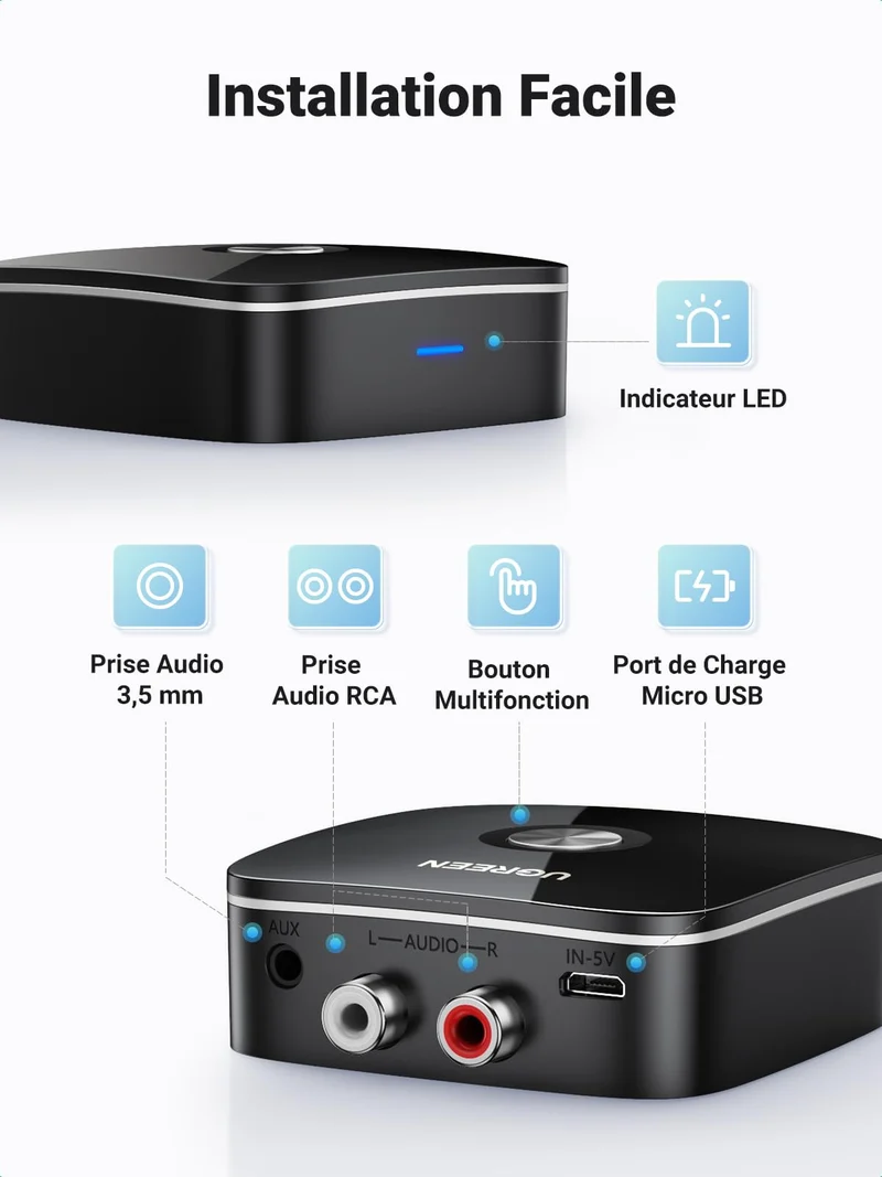 UGREEN Récepteur Bluetooth 5.0 Adaptateur Bluetooth HiFi sans Fil EDR Technologie avec 3.5mm