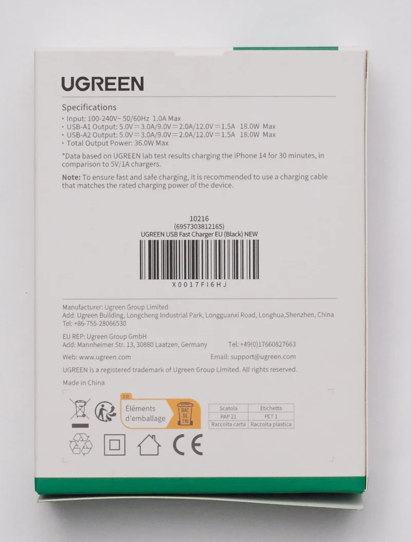 UGREEN 18W Quick Charge 3.0 Chargeur Secteur USB 2 Ports