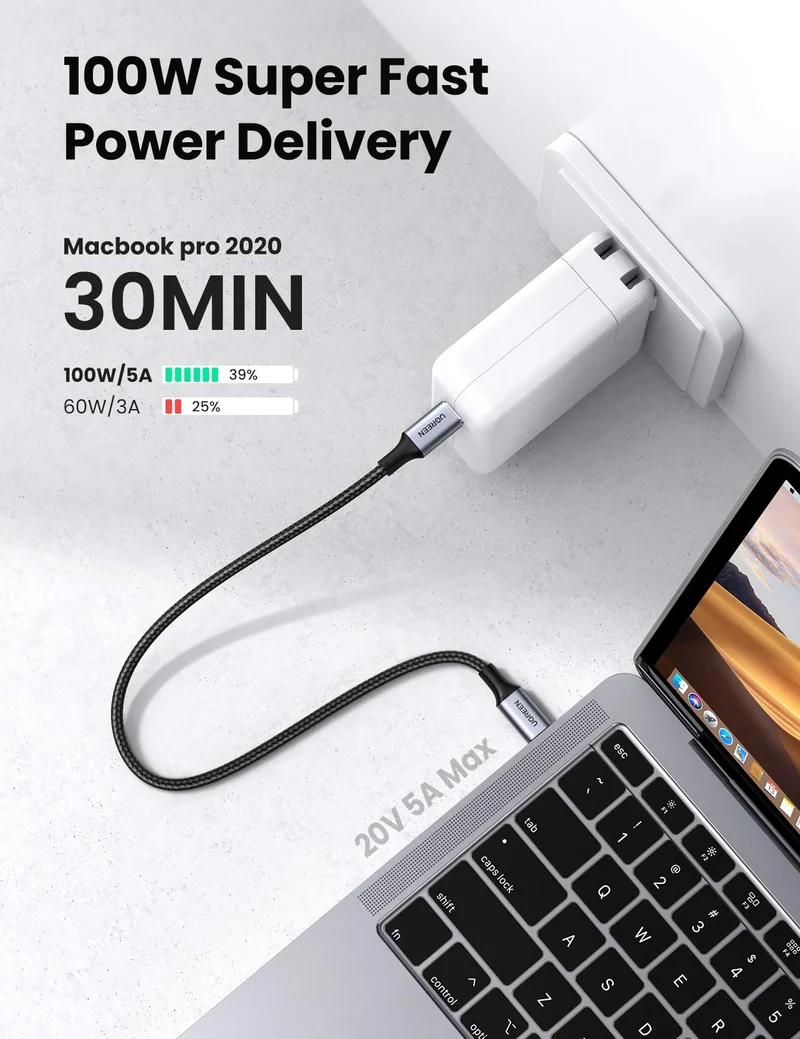 UGREEN Câble USB C vers USB C PD 100W Nylon Tressé (5A 20V Type C)