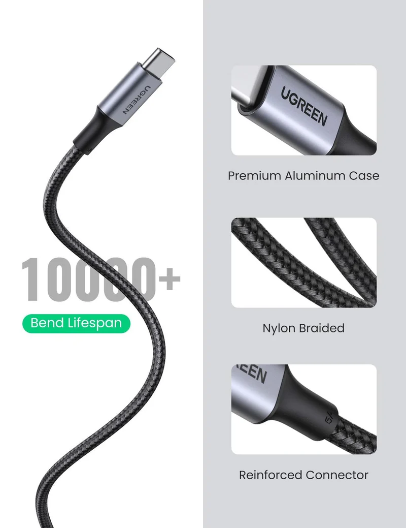 UGREEN Câble USB C vers USB C PD 100W Nylon Tressé (5A 20V Type C)