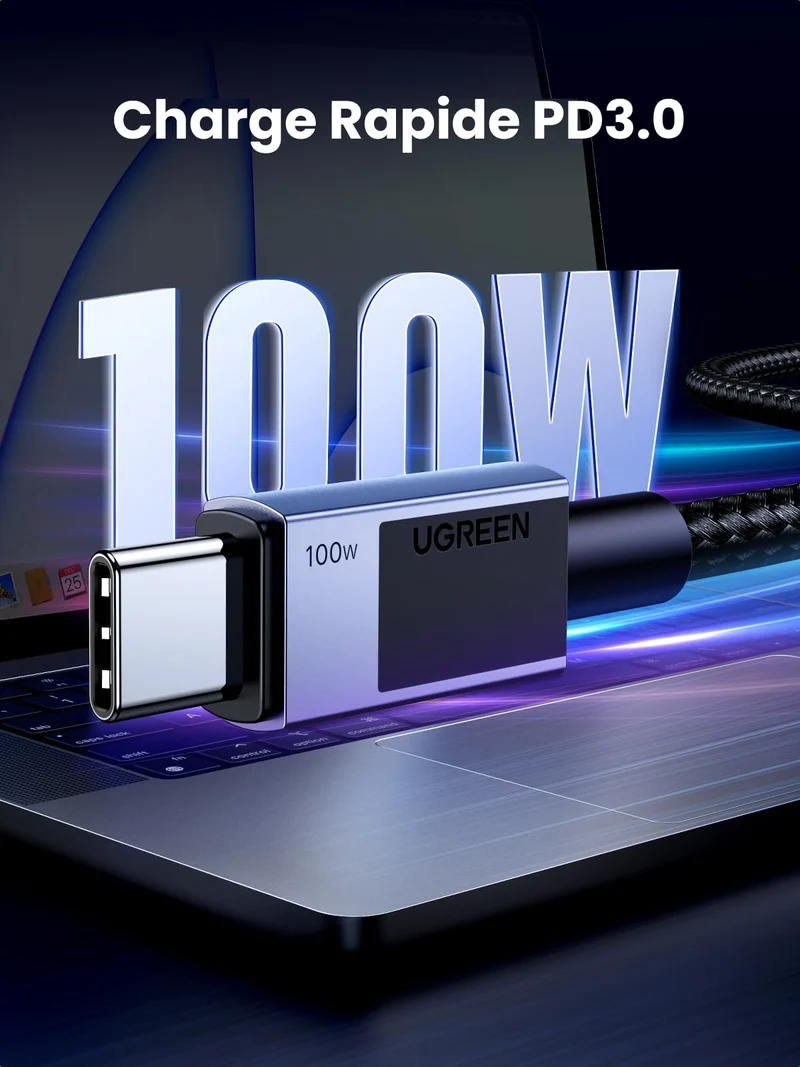 UGREEN Câble USB C PD 100W 20V 5A Charge Rapide QC 4.0 Chargeur Type C Nylon Tressé (1M)