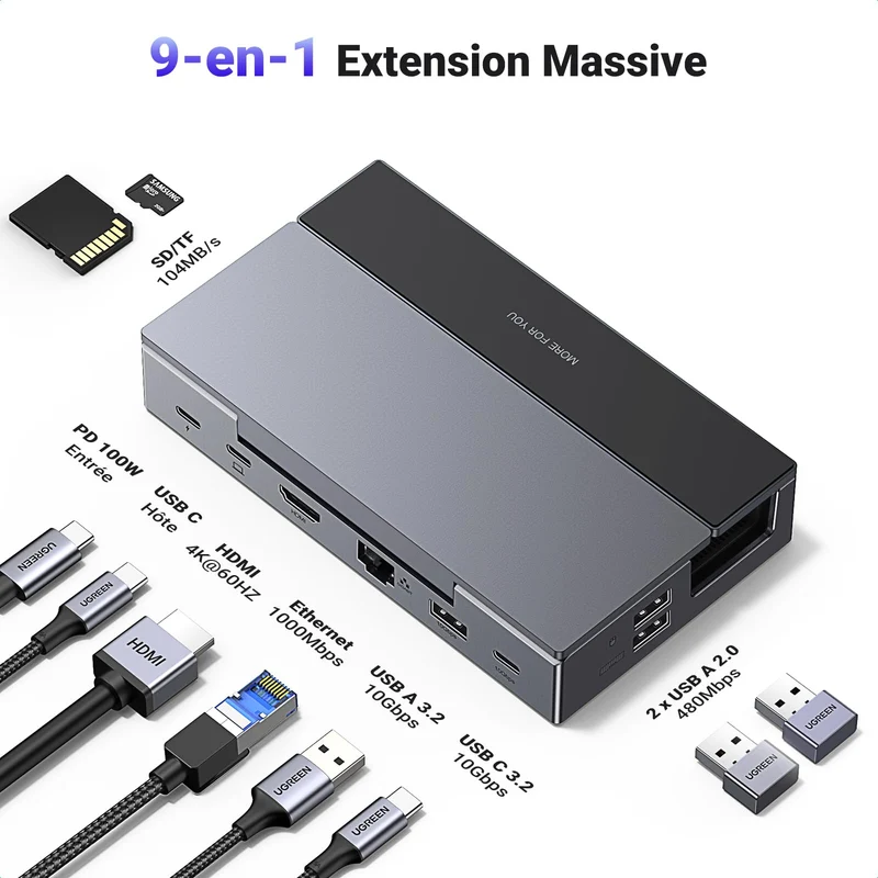 UGREEN Docking Station 9 en 1 Stem Dock USB C ( HDMI 4K60Hz 10Gbps PD 100W )