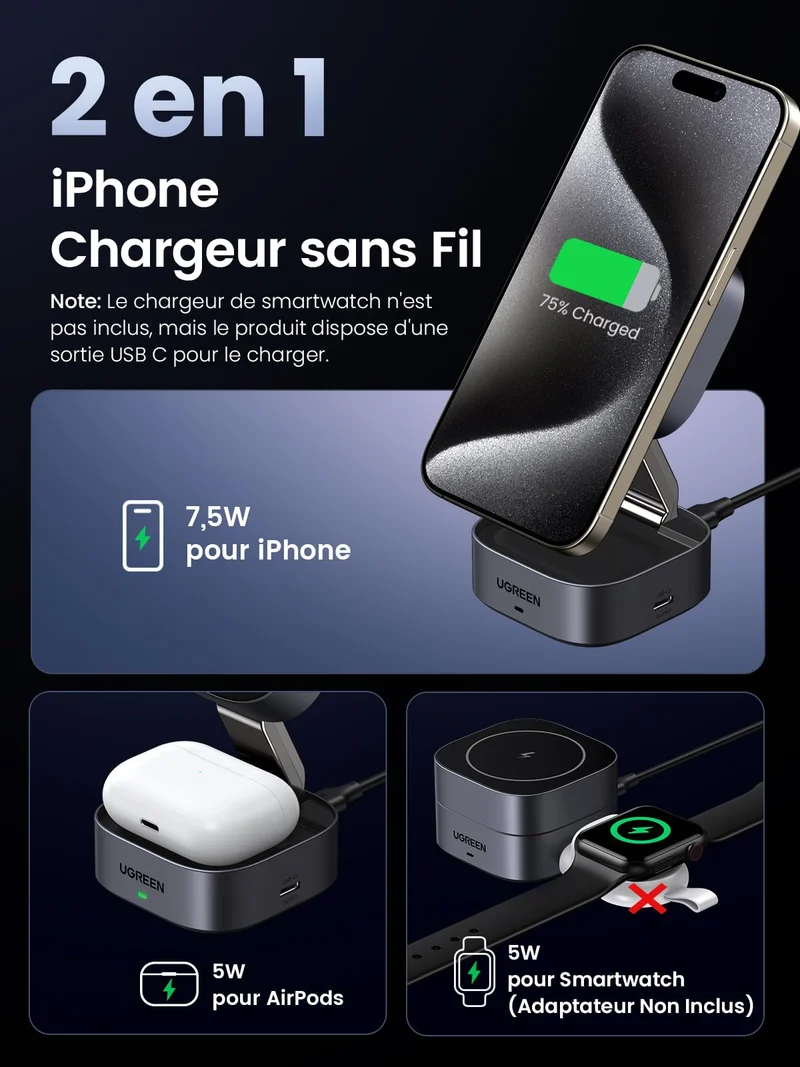 UGREEN MagFlow Chargeur Sans Fil 2-en-1 (15W, Compatible MagSafe, Pliable)