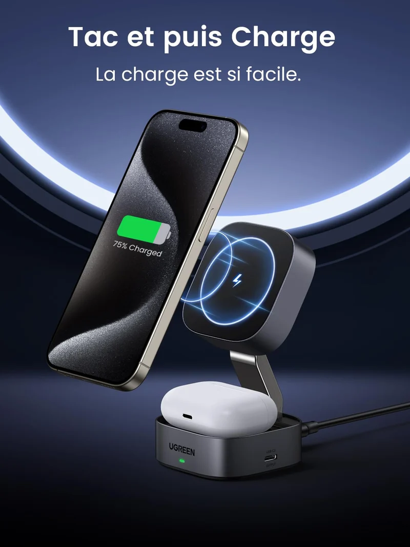 UGREEN MagFlow Chargeur Sans Fil 2-en-1 (15W, Compatible MagSafe, Pliable)