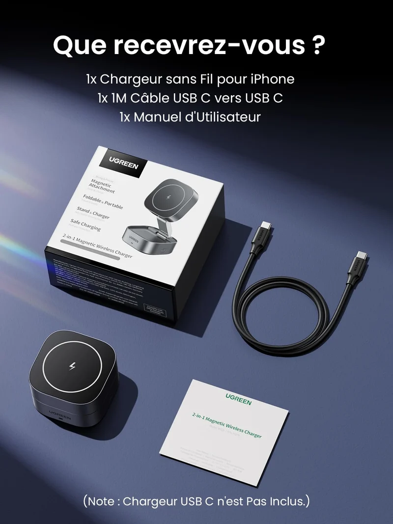 UGREEN MagFlow Chargeur Sans Fil 2-en-1 (15W, Compatible MagSafe, Pliable)