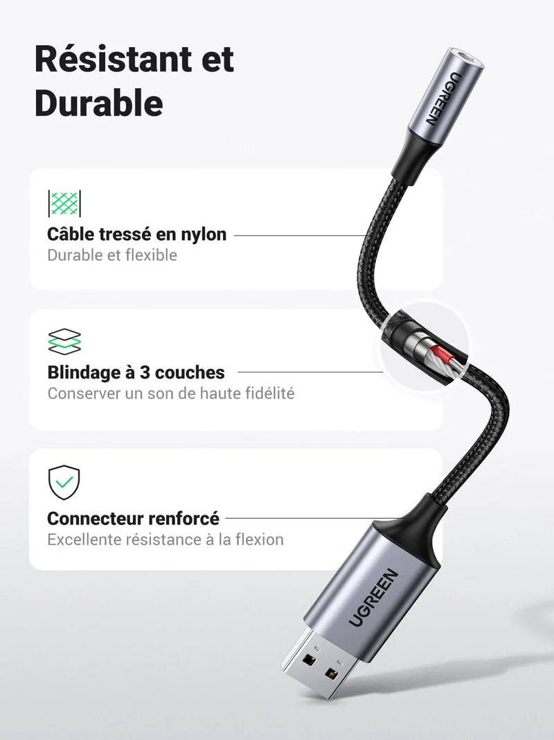 UGREEN Adaptateur USB vers Jack 3,5mm Carte Son Externe USB