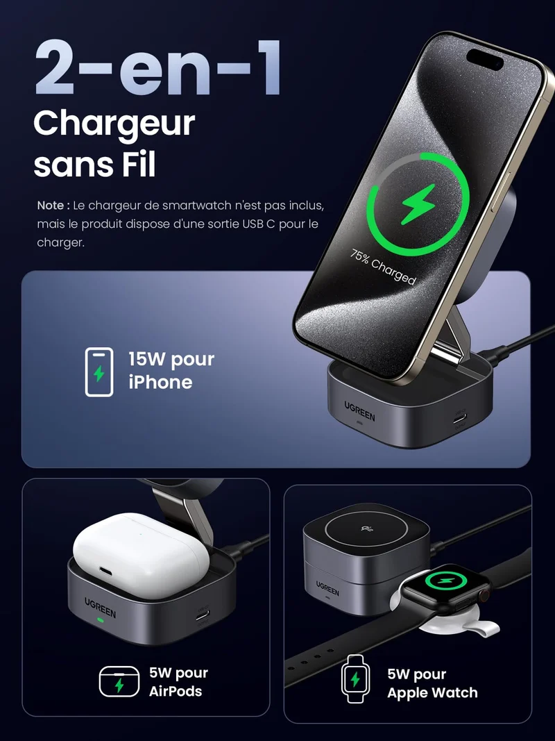 UGREEN MagFlow Chargeur Sans Fil 2-en-1 (Qi2 15W, Compatible MagSafe, Pliable)