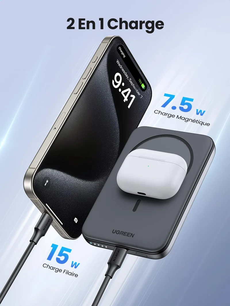 UGREEN Nexode Mini Batterie Externe Magnétique sans Fil 5000mAh 15W MagSafe