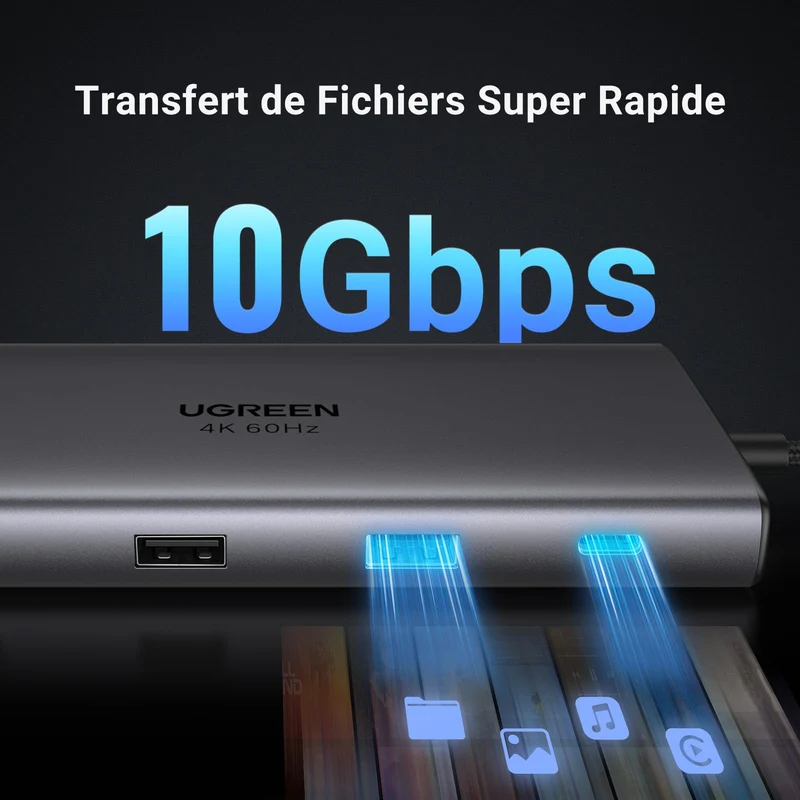 UGREEN Revodok Pro 109 Hub USB C 3.2 10Gbps 4K60Hz HDMI RJ45 Ethernet 9 en 1 Adaptateur USB C